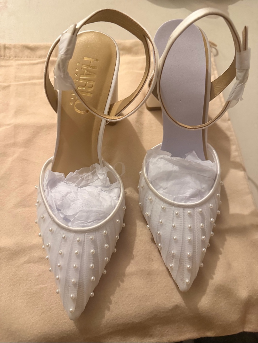 White Pearl-Embellished Pointed Toe Ankle-Strap Heels